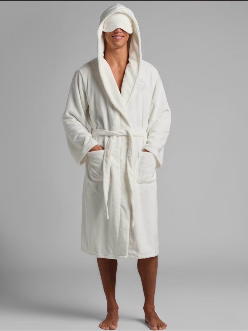 Comfrt Do Not Disturb Robe in Snow - satin lined eye mask hood. M/L 🧖🏼‍♀️🧖🏻🤫